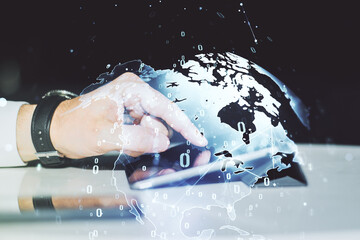 Aufkleber - Multi exposure of abstract graphic coding sketch with world map and hand working with a digital tablet on background, big data and networking concept