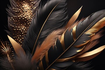 Soft and fluffy background, bird feathers, black and gold feathers. AI