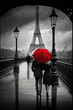 Romantic couple on bridge with eiffel tower in background and red umbrella. generative AI
