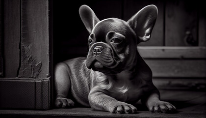 Wall Mural - Schwarz weiß Portrait von einer französische Bulldogge als Welpe. Perfektes Wandbild - Generative Ai