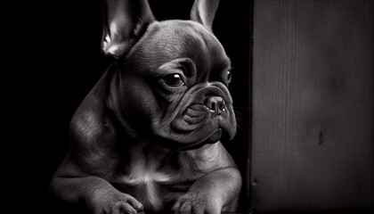 Wall Mural - Schwarz weiß Portrait von einer französische Bulldogge als Welpe. Perfektes Wandbild - Generative Ai