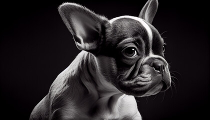 Wall Mural - Schwarz weiß Portrait von einer französische Bulldogge als Welpe. Perfektes Wandbild - Generative Ai