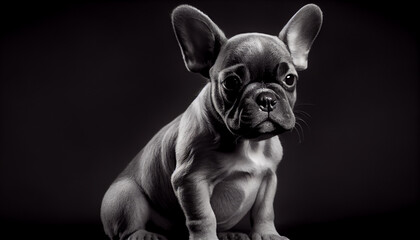 Wall Mural - Schwarz weiß Portrait von einer französische Bulldogge als Welpe. Perfektes Wandbild - Generative Ai