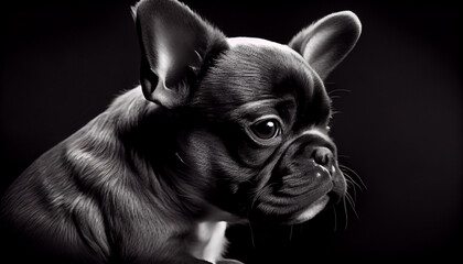 Wall Mural - Schwarz weiß Portrait von einer französische Bulldogge als Welpe. Perfektes Wandbild - Generative Ai