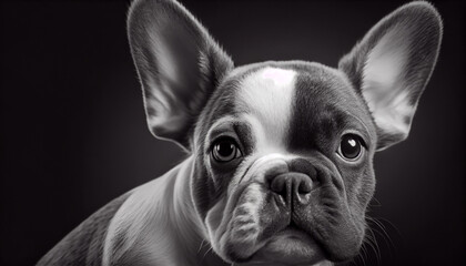 Wall Mural - Schwarz weiß Portrait von einer französische Bulldogge als Welpe. Perfektes Wandbild - Generative Ai
