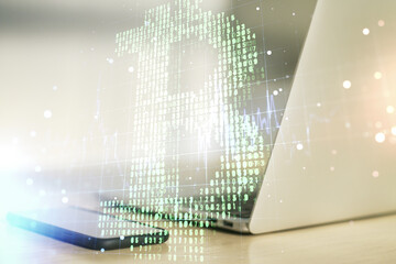 Poster - Creative Bitcoin concept with modern computer background. Double exposure