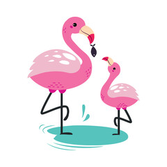 Canvas Print - Flamingo family. Cute mom flamingo and her baby cartoon vector illustration