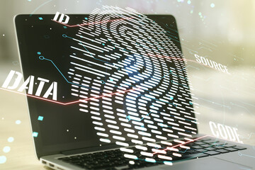 Aufkleber - Multi exposure of creative fingerprint hologram on laptop background, personal biometric data concept