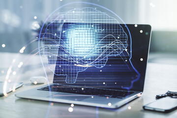 Aufkleber - Double exposure of creative artificial Intelligence symbol with modern laptop on background. Neural networks and machine learning concept