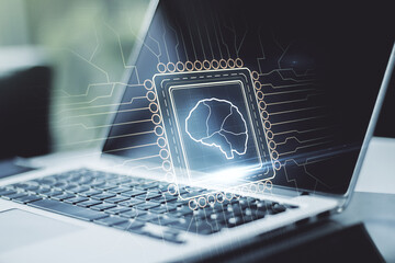 Aufkleber - Double exposure of creative artificial Intelligence symbol with modern laptop on background. Neural networks and machine learning concept