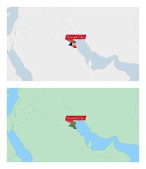 Sticker - Kuwait map with pin of country capital. Two types of Kuwait map with neighboring countries.