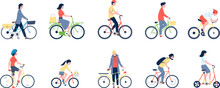 People On Bicycle And Bike. Different Person Cycling, Flat Woman Kid Riding. Healthy Lifestyle, Sport And City Ride. Modern Urban Transport Recent Vector Set