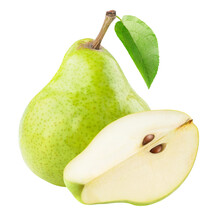 One Whole Green Pear And A Piece With Seeds, Isolated