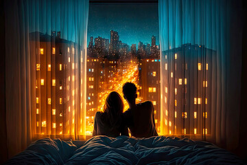 Wall Mural - couple in bed next to window at night illuminating city lights through curtains, generative ai