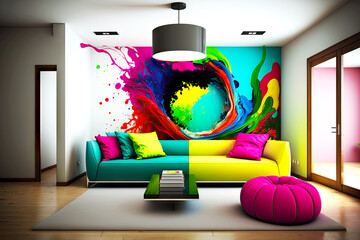 Wall Mural - bright coloured room in modern design with comfortable sofa, generative ai