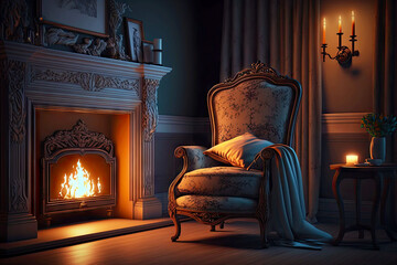 Wall Mural - beautiful chair with pillow and fireplace in bedroom at night, generative ai