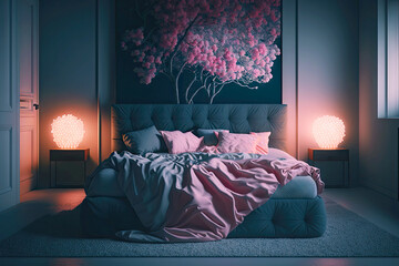 Wall Mural - large wide bed in bedroom at night with pink cushions, generative ai