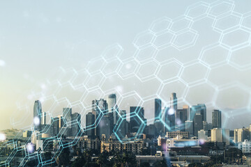 Poster - Abstract virtual wireless technology hologram with hexagon on Los Angeles cityscape background, artificial intelligence and machine learning concept. Multi exposure