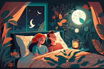 Wall Mural - couple lying in bed on pillow talking about relationship bedroom at night, generative ai