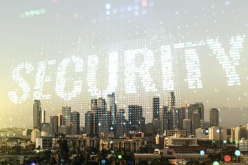 Poster - Virtual cyber security creative concept on Los Angeles city skyline background. Double exposure