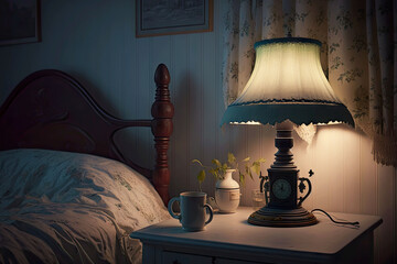 Canvas Print - old bedside lamp on kitchen table in old apartment bedroom at night, generative ai