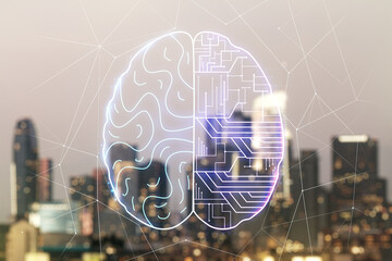Poster - Double exposure of creative human brain microcircuit hologram on blurry office buildings background. Future technology and AI concept