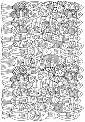 Wall Mural - Underwater Pattern with black and white tropical fish. Exotic fish. Coloring book page for adult. Monochrome