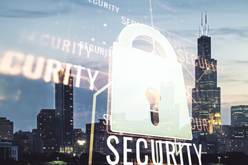 Poster - Virtual creative lock illustration with microcircuit on Chicago cityscape background, cyber security concept. Multiexposure