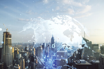 Aufkleber - Multi exposure of abstract software development hologram and world map on New York city skyscrapers background, global research and analytics concept