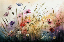 Field Of Flowers In Style Of Aquarelle, Ai Generated