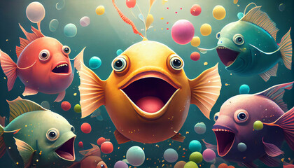 Wall Mural - Happy but surprised fish on an underwather party with another fishes and funny celebration hat, generative ai