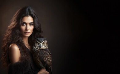  Beautiful dark haired model woman holding an owl very close to her, on a dark background. Model is making eye contact while holding a bird of prey. Image created with generative ai