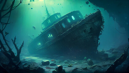 Wall Mural - Underwater shipwreck in a ship graveyard, generative ai