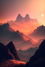 Misty Mountains Sunset. Landscape. Generative AI