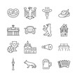 Germany line icon set. Vector collection symbol with coat of arms, sausage, car, fachwerk house, soccer ball, mug of beer, accordion. Editable stroke.