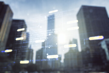 Aufkleber - Double exposure of abstract programming language interface on modern skyscrapers background, research and development concept