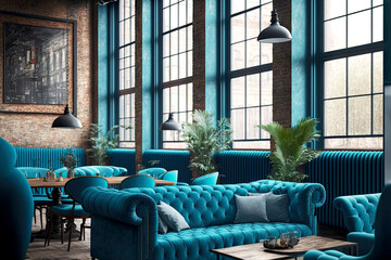 Poster - large empty loft cafe with bright blue sofa and decorations on walls, generative ai