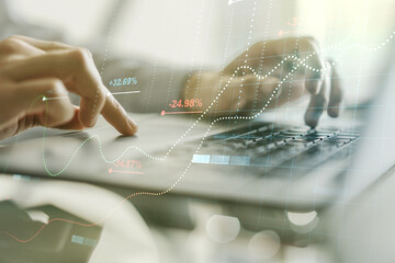 Poster - Multi exposure of abstract graphic data spreadsheet sketch with hands typing on computer keyboard on background, analytics and analysis concept