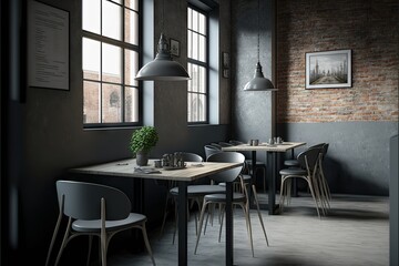 Canvas Print - sleek interior of empty loft cafe with black furniture and grey table, generative ai