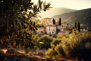 Delicious olives in picturesque olive grove. Based on Generative AI