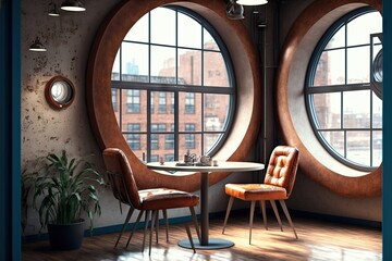 Sticker - stylish interior of empty loft cafe with original chairs and walls with round windows, generative ai