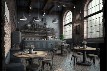 Canvas Print - empty loft cafe interior in style of industrial gray decoration, generative ai