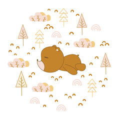 Wall Mural - Cartoon cute lazy bear with tree and forest. Vector childish illustration. Suitable for printing on card, kids apparel, nursery, wallpaper, fabric