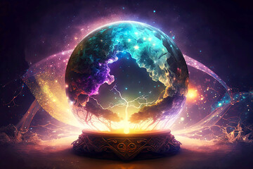 Wall Mural - mystical globe with magical energy of the universe on illuminated background, generative ai
