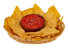Delicious Nachos With Red Sauce. Stock Photo Of Tortilla Chips Inside A Basket. Corn Chips Isolated Stock Photo. Snack. Salsa. Tomato. Tasty. Dip.