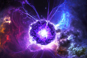 Wall Mural - cosmic explosion with blue purple hue energy of the universe, generative ai