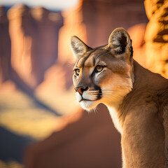 Fototapete - Mountain lion in the canyon at sunset by generative AI