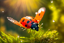 Ladybug Landed Spreading Its Wings On A Twig Path With Morning Dew. Generative AI