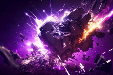 Wall Mural - energy crumbled into pieces against background of purple space and energy of universe, generative ai