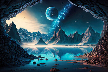 Wall Mural - landscape with mountains and blue sea against background of energy of the universe, generative ai